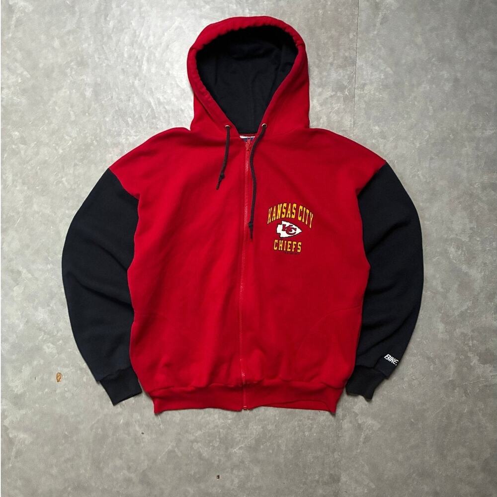 90s Vintage Kansas City Chiefs Black Sleeves Red Hoodie -XL